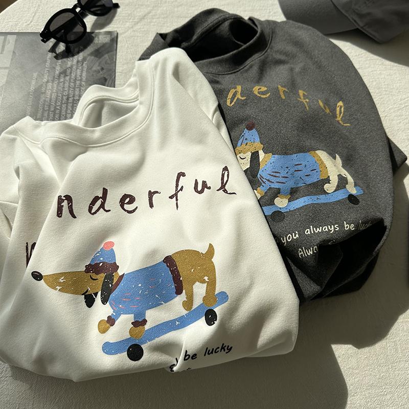 卡通小狗印花磨毛长袖T恤打底衫