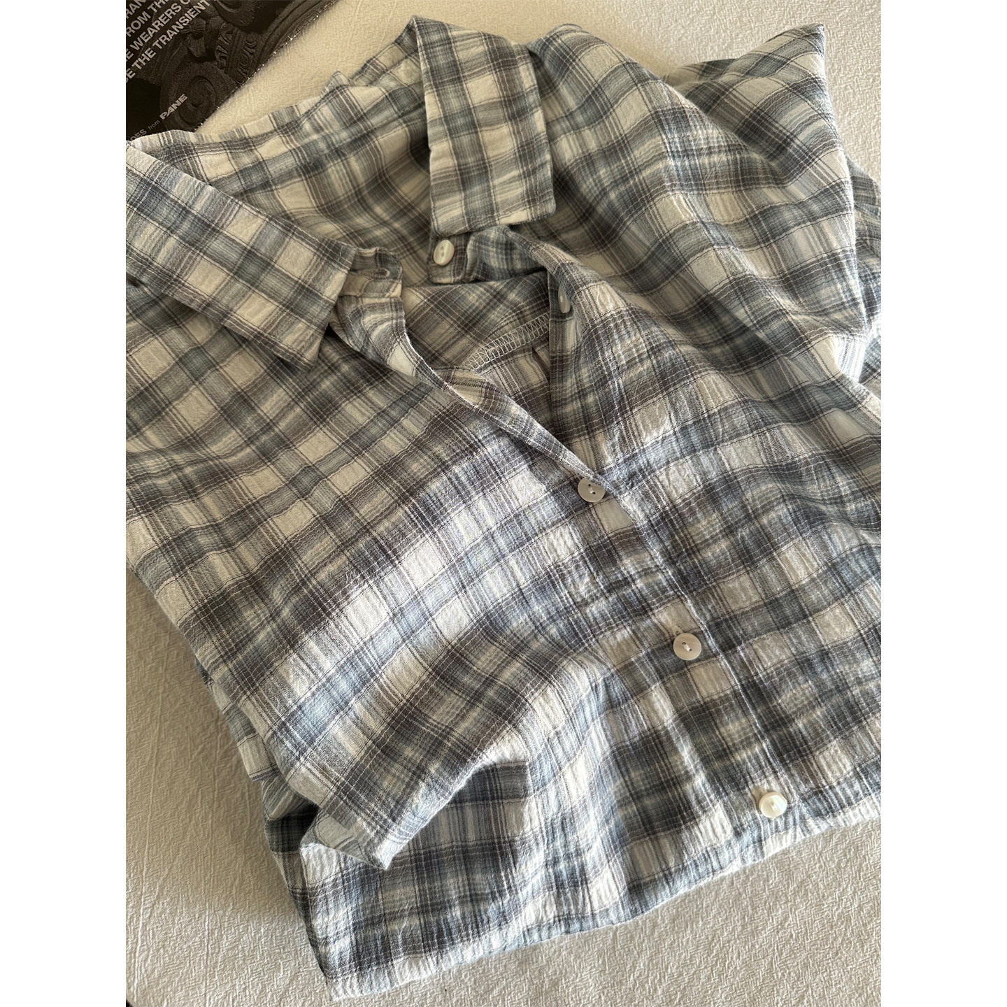 褶皱设计格子长袖防晒衬衫女薄款