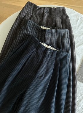 加厚双面呢秋冬季复古格子裤女半松紧垂感宽松百搭显瘦经典阔腿裤