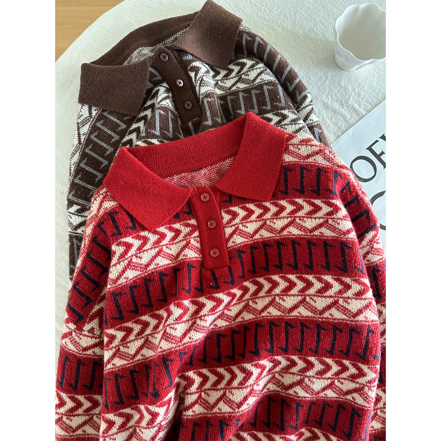 复古费尔岛翻领套头毛衣女针织衫