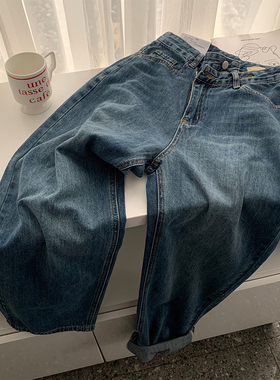 秋季新款交叉斜扣高腰直筒牛仔裤女蓝色宽松显瘦个性拖地阔腿长裤