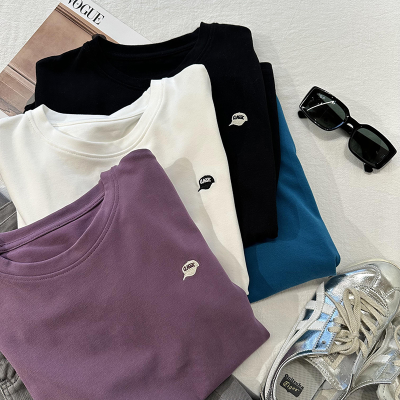 刺绣正肩圆领磨毛棉简约短袖T恤