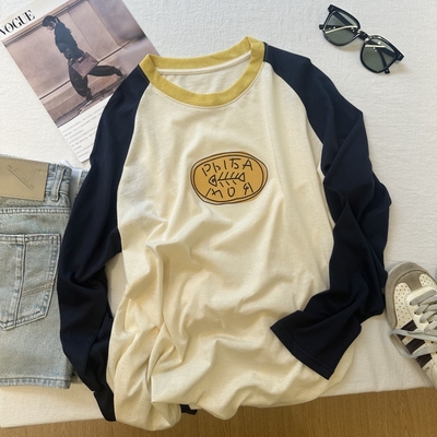 印花拼色薄款休闲风长袖防晒T恤