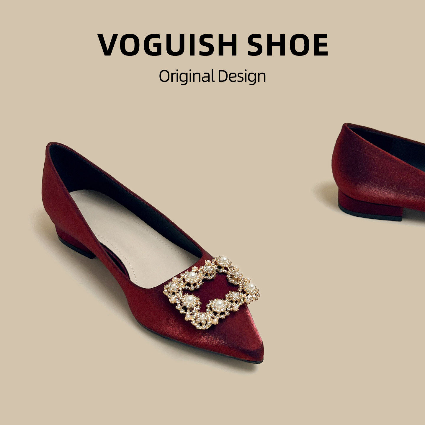 [明星同款]轻奢风酒红色尖头浅口单鞋女水钻方扣平底鞋气质婚鞋结,女鞋,浅口单鞋,淘宝优惠券,粉丝福利购,淘宝优惠卷