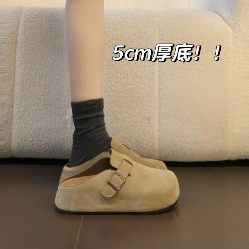 [明星同款]羊皮版2025冬季新款增高勃肯包头半拖鞋女外穿懒人厚底