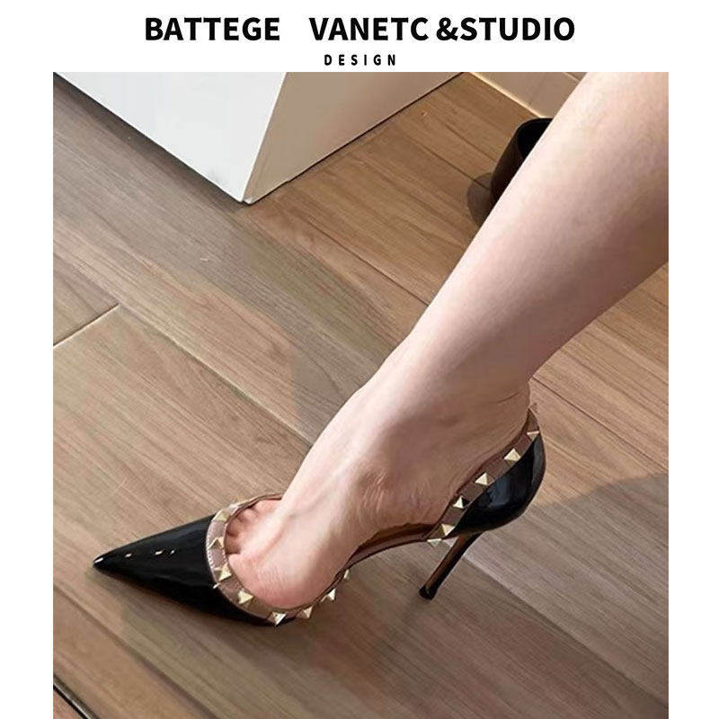 [明星同款]黑色高跟鞋女2024秋季新款真皮侧空尖头铆钉性感百搭细