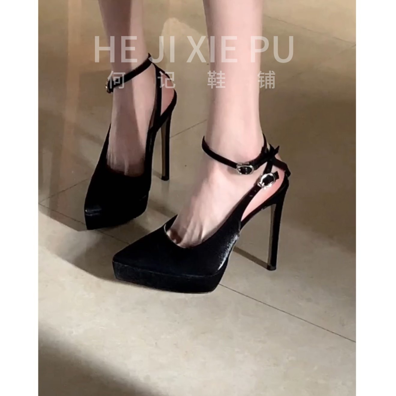 [明星同款]新款防水台黑色尖头高跟鞋女秋冬新款一字扣厚底绸缎小