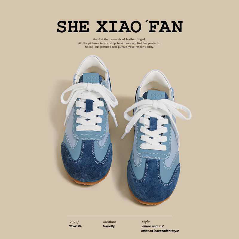 [明星同款]蓝色德训鞋女2026夏季新款阿甘t头小众内增高平底休闲