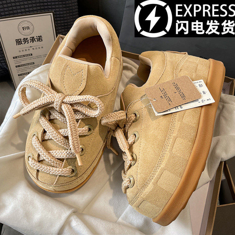 [明星同款]小胖丁面包鞋女款2026秋季新款真皮系带百搭运动厚底休