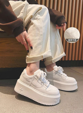 [明星同款]软牛皮~十字花白色厚底真皮小白鞋女7CM增高减震防滑运