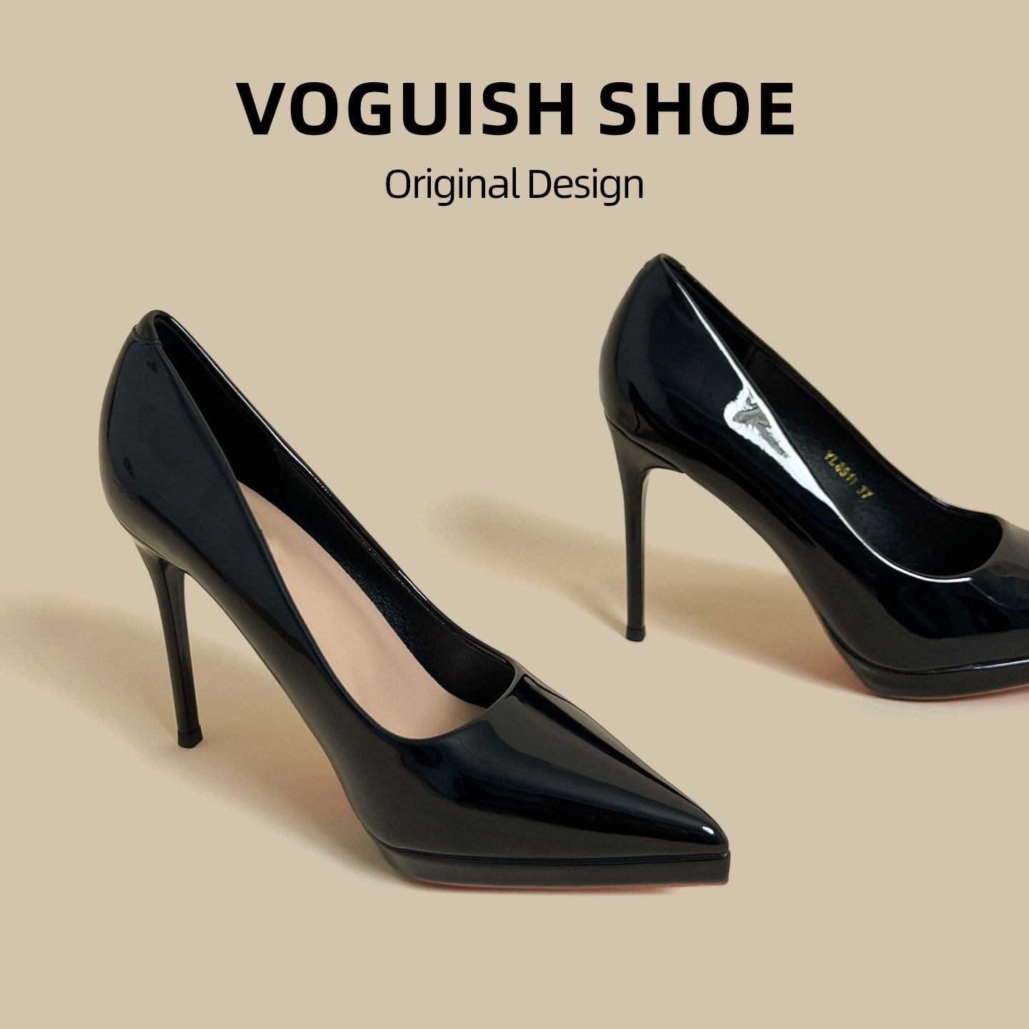 [明星同款]黑色漆皮尖头细跟红底单鞋女高跟鞋性感防水台职业通勤