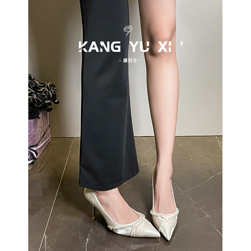 [明星同款]绝美气质高跟鞋女细跟不累脚2025新款尖头珍珠缎面伴娘