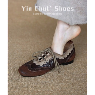 [明星同款]羊皮版~小众雕花复古小皮鞋女系带春秋新款英伦风单鞋