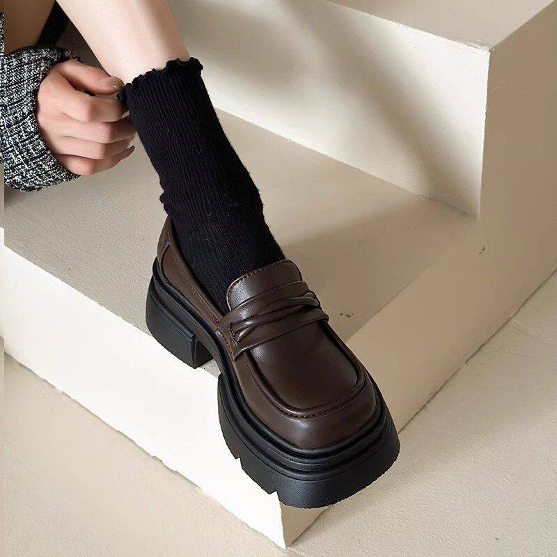 [明星同款]超软牛皮英伦风棕色厚底真皮小皮鞋女复古休闲松糕鞋一