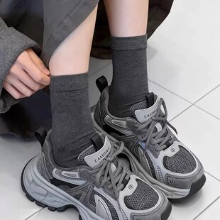 [明星同款]真皮加绒保暖老爹鞋女2025秋冬新休闲跑步鞋厚底小个子