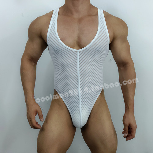 半透低胸男士性感连体塑身衣三角