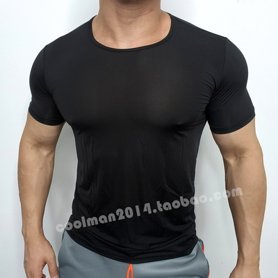 夏清爽轻薄男士冰丝短袖速干网孔透气丝滑半透健身修身圆领高弹T