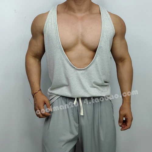 大挖胸深V运动T恤男士低胸健身背