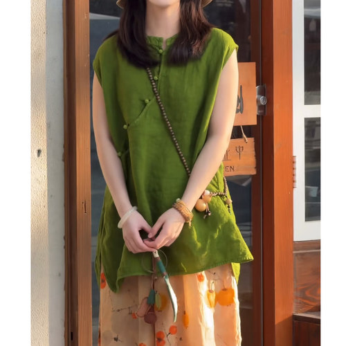 100%亚麻纯色亚麻旗袍衬衫上衣女
