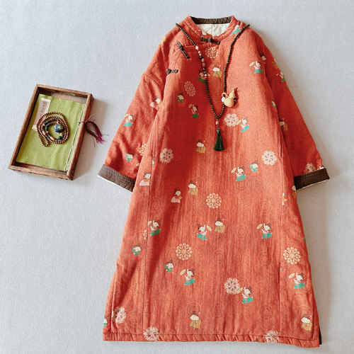 新中式加厚旗袍裙盘扣棉衣袍子冬