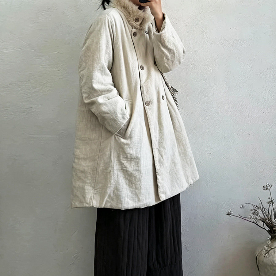 复古文艺宽松毛领中长风衣式夹棉棉服冬季女装新款加厚棉袄厚外套