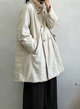 复古文艺宽松毛领中长款夹棉棉服