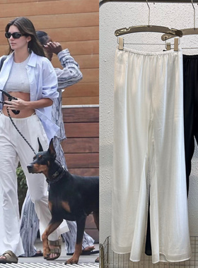 row长裤女极简风双层丝棉空气裤真丝白色阔腿裤女2024新款夏款