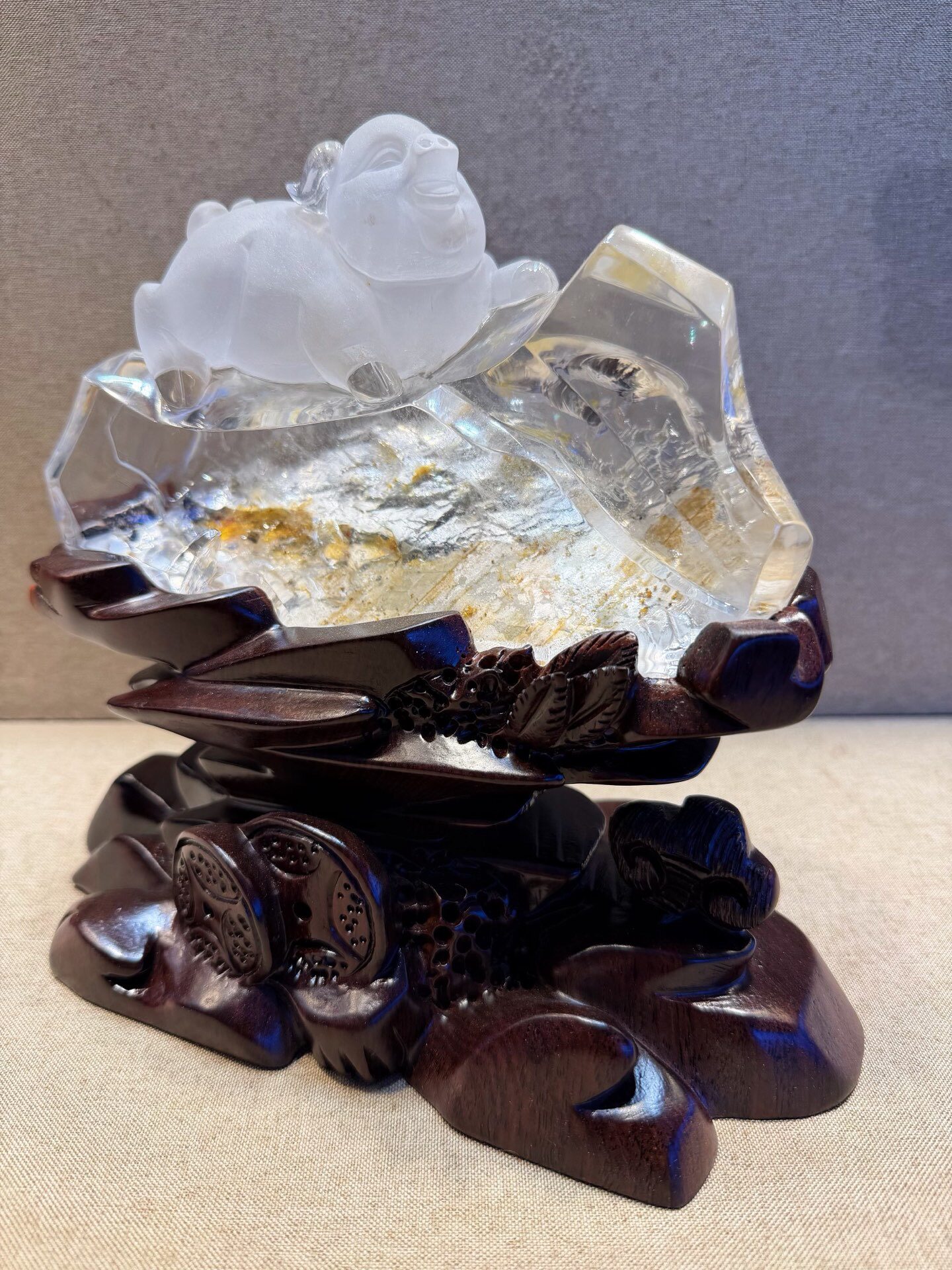 天然白水晶亥猪摆件 亥水生肖猪原石雕刻 中式把玩收藏工艺品