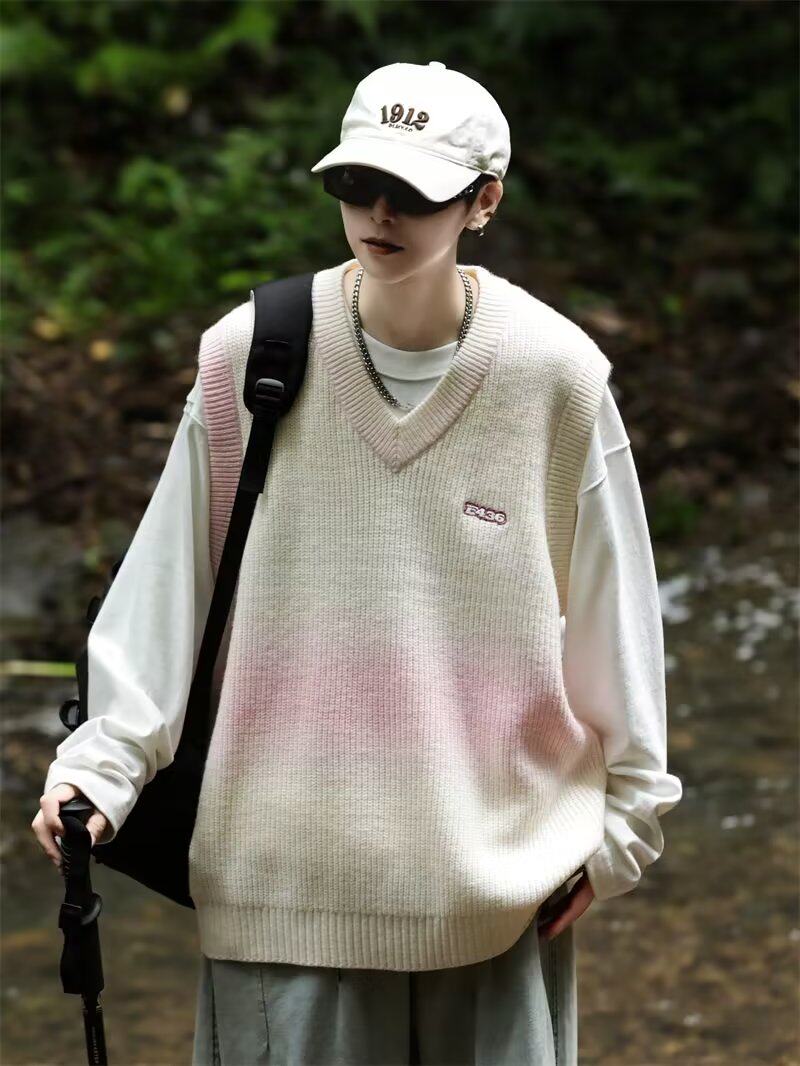 Gradient V-neck embroidered knitted pullover with vest sweater XZ307-MY2335-P55_voghion.com