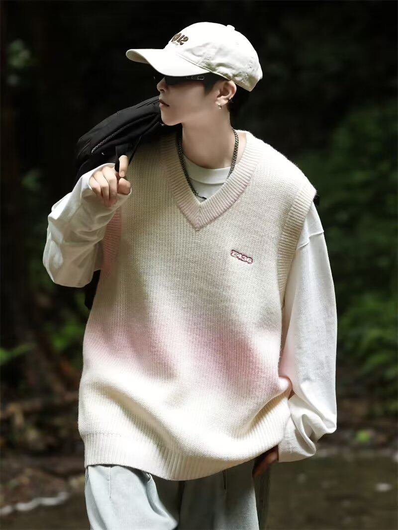 Gradient V-neck embroidered knitted pullover with vest sweater XZ307-MY2335-P55_voghion.com