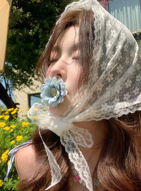 甜美小清新三角巾女2026年夏季氛围感装饰领巾白色蕾丝包头巾发带