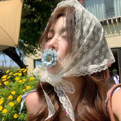 甜美小清新三角巾女2026年夏季氛围感装饰领巾白色蕾丝包头巾发带