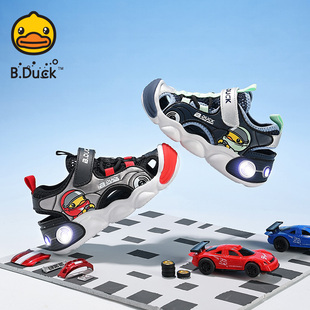 BDuck童鞋男宝宝带灯凉鞋2026夏款轻便镂空透气沙滩鞋包头闪光鞋