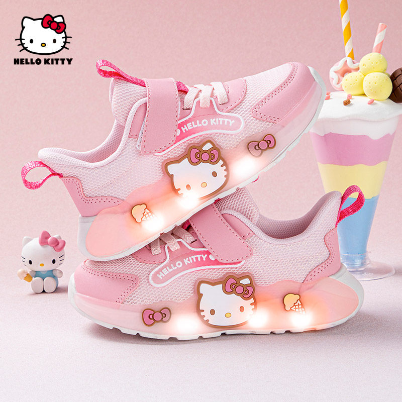 凯蒂猫童鞋儿童带灯运动鞋春季新款网面透气发光鞋女孩亮灯休闲鞋