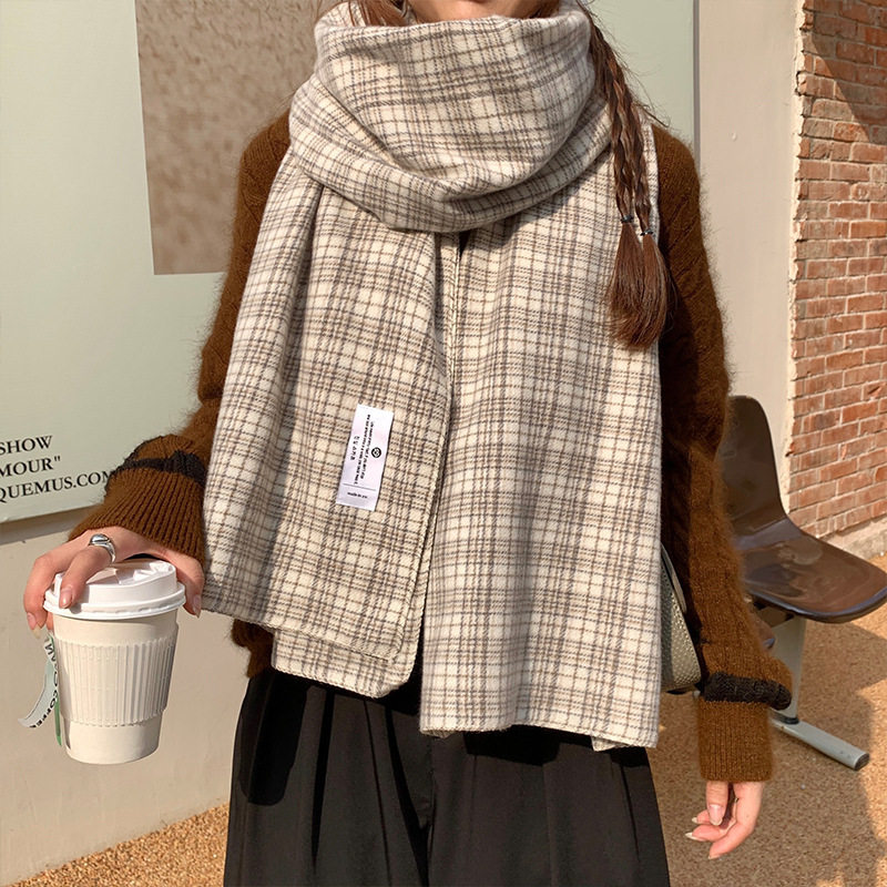 小格子围巾女冬季百搭简约藏蓝情侣围脖女士短须长款双面披肩日系