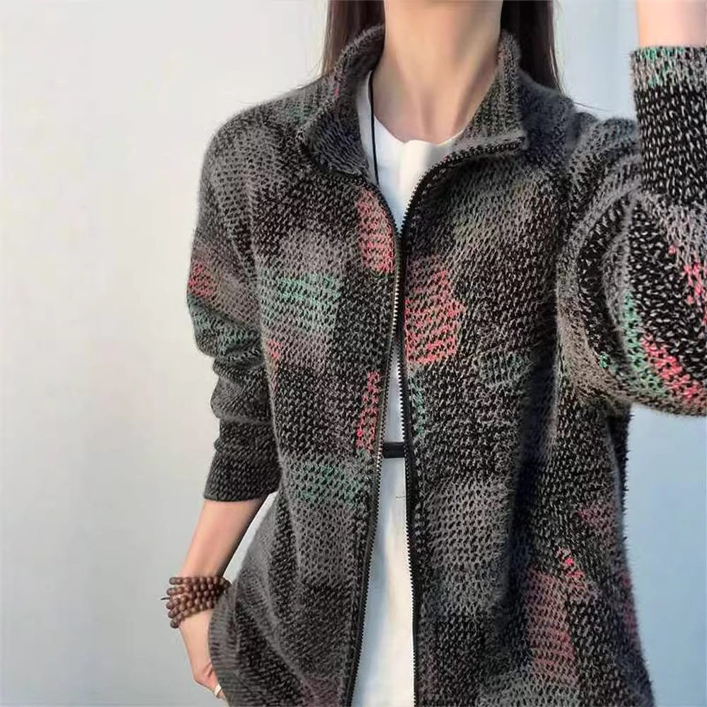 男款七彩格子美式复古立领卫衣春季潮牌高级感慵懒风针织开衫外套