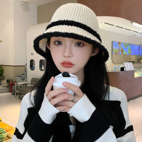 撞色针织渔夫帽女秋冬百搭显脸小防晒遮脸宽檐帽休闲帽子新款时尚
