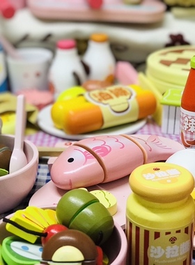 木质益智过家家玩具优木中式早餐晚餐中式早餐晚餐汉堡食物套装