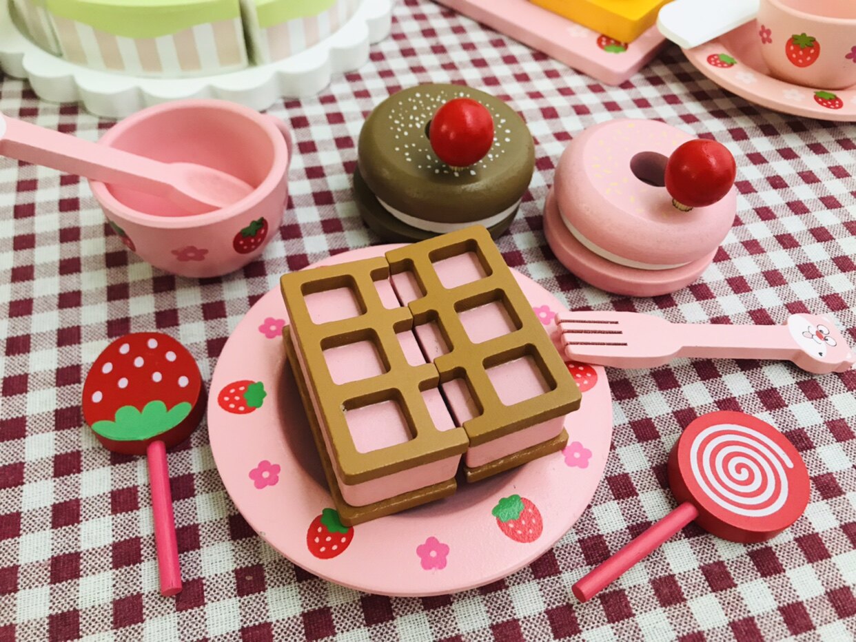 木质过家家玩具益智玩具下午茶甜点甜甜圈华夫饼仿真食物厨房玩具