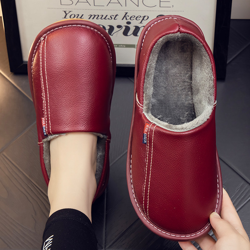 真皮拖鞋男女情侣冬季室内家用防滑纯牛皮家居保暖防水包跟棉拖鞋