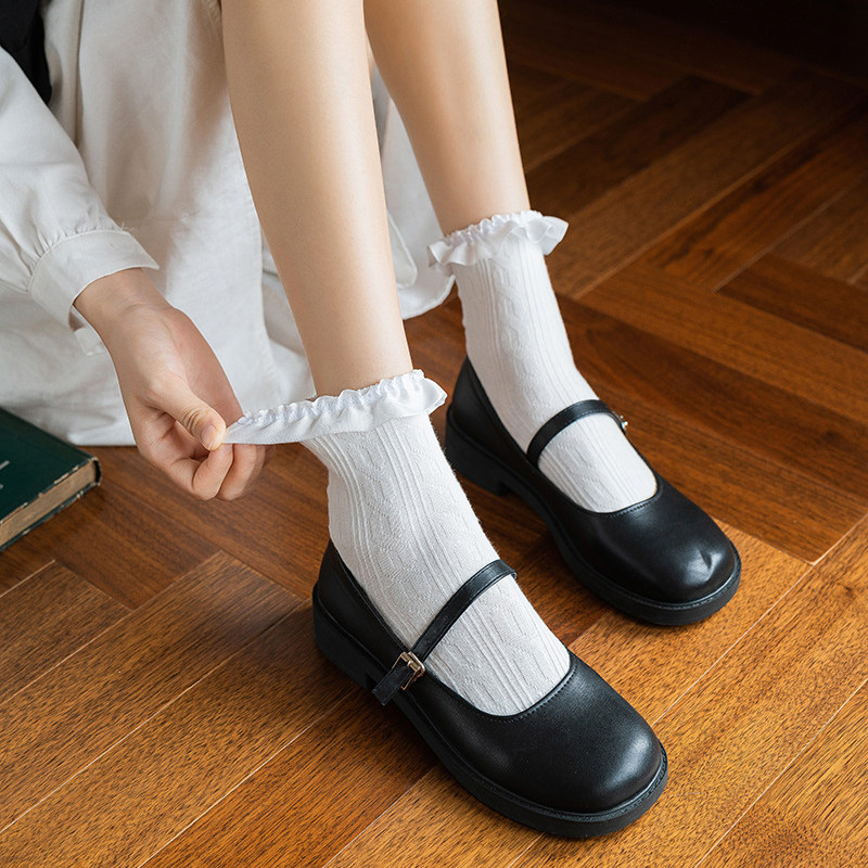 日系原宿风JK少女lolita春夏季白色萝莉绑带蝴蝶结中筒棉堆堆袜子