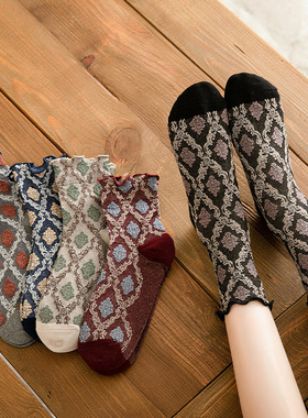 mmmnice 法式古典洛可可金银丝浮雕感撞色提花复古木耳边棉女短袜