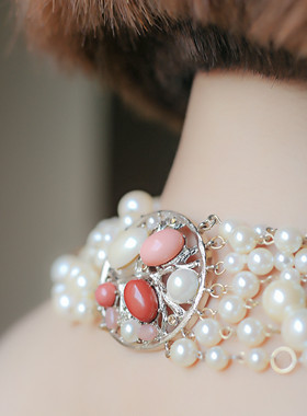 法式油画风水晶多层珠宝磁扣项链