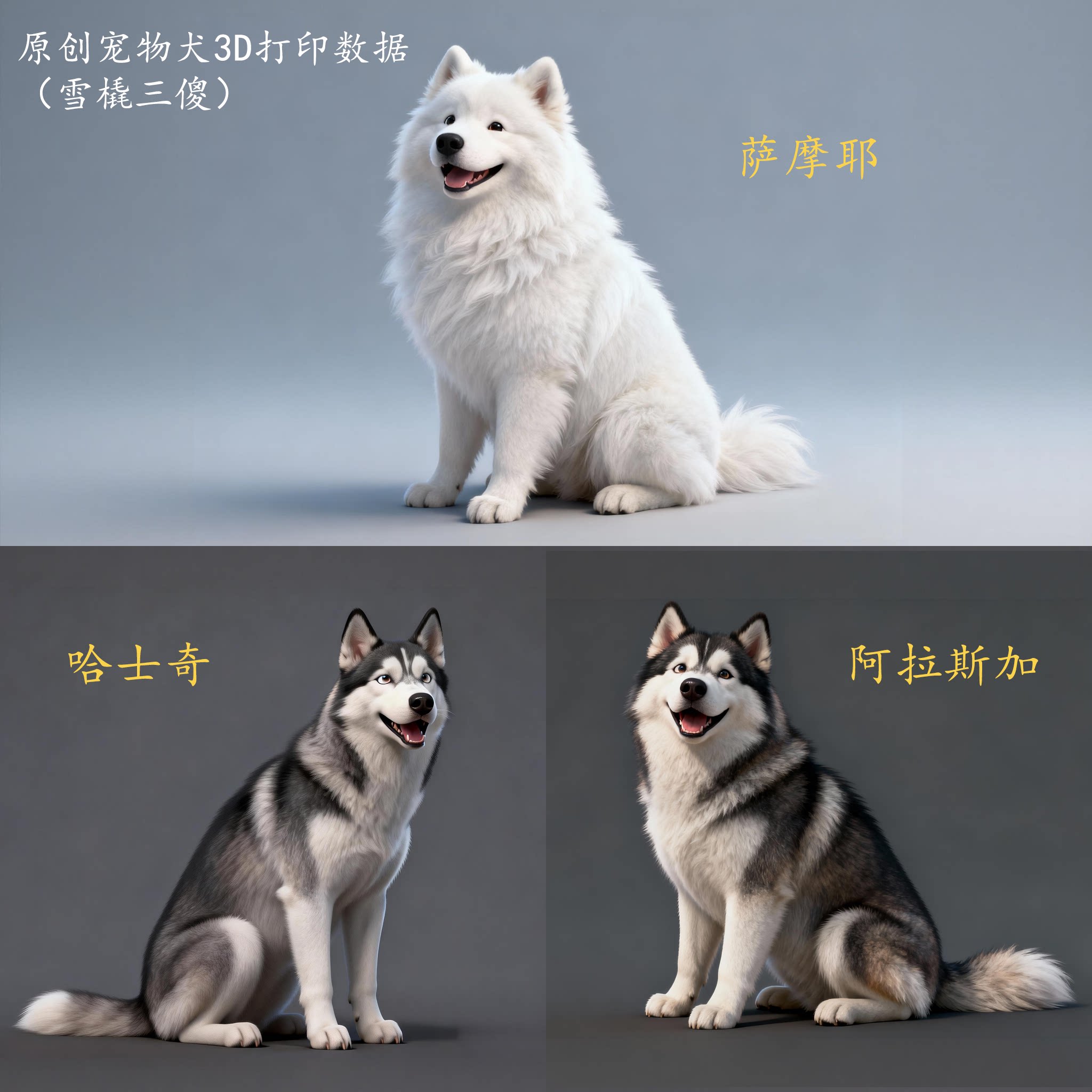 雪橇三傻哈士奇3D打印数据stl