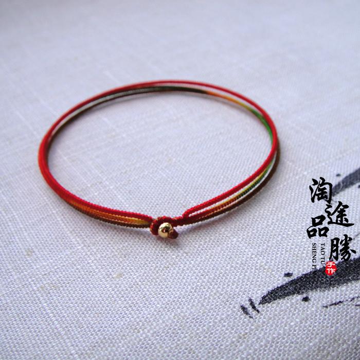 途胜原创设计定做三色手工编制纯金金刚结巨细款红绳小众手链饰品