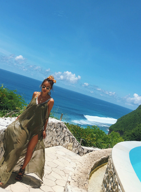 LOVEMILK 巨显瘦 沙滩时装 度假 防晒 透明长裙连衣裙 军绿色M-93