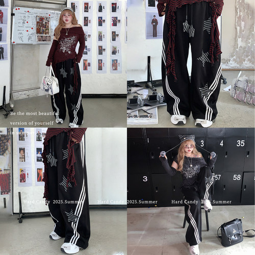 美式复古刺绣设计感弯刀裤女大码宽松直筒阔腿长裤