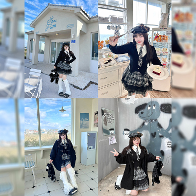 硬糖大码原创千禧古早少女学院风套装短裙长袖加棉保暖春秋新款