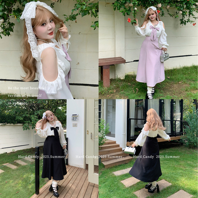 硬糖大码原创清楚系蝴蝶结露肩荷叶袖连衣裙女胖mm假两件显瘦长裙