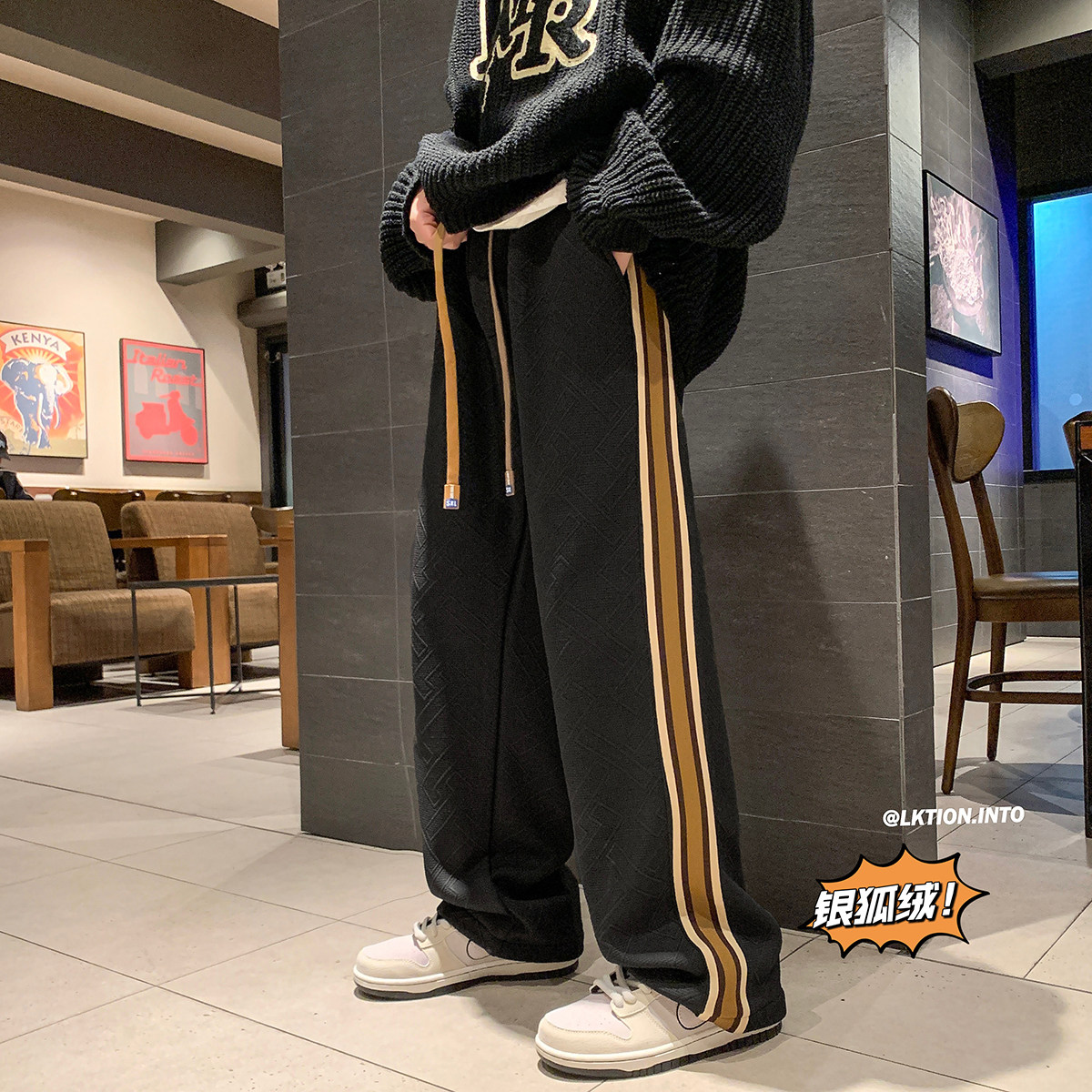 AK92*P55控78元主推品质款直筒宽松拼接条纹加绒加厚休闲裤男,男装卫衣,电商A249